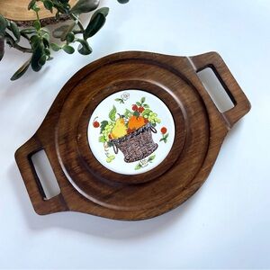 Vintage 1970’s Wooden Handle Cheese Board with Ceramic Fruit Center